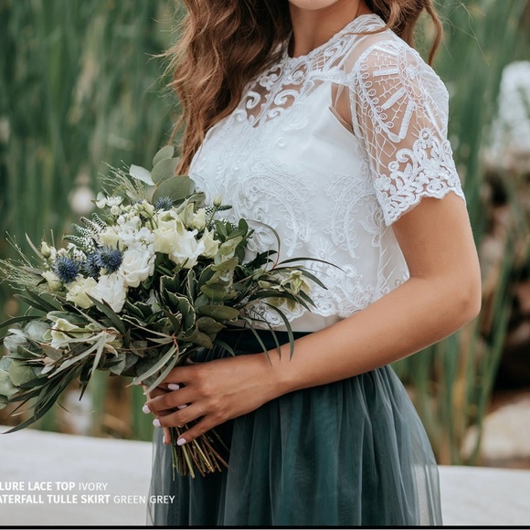 green dress with white lace overlay LONDYN 3/4 SLV FIT & FLARE MINI DRESS – Mable Clothing main image 0